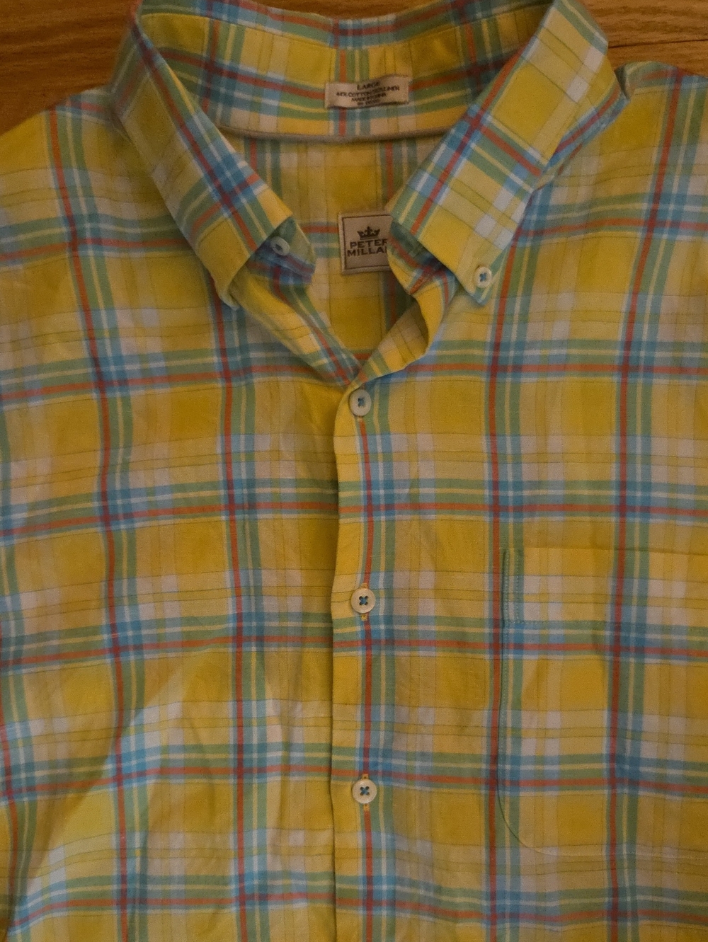 Peter Millar Men's Luxury Cotton-Linen Plaid Sport Shirt - Yellow / Blue L